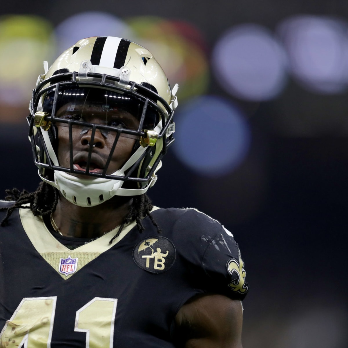 Sunday, September 26, 2021: New Orleans Saints running back Alvin Kamara (41)  on the sideline during the NFL football game between the New Orleans Saints  and the New England Patriots at Gillette