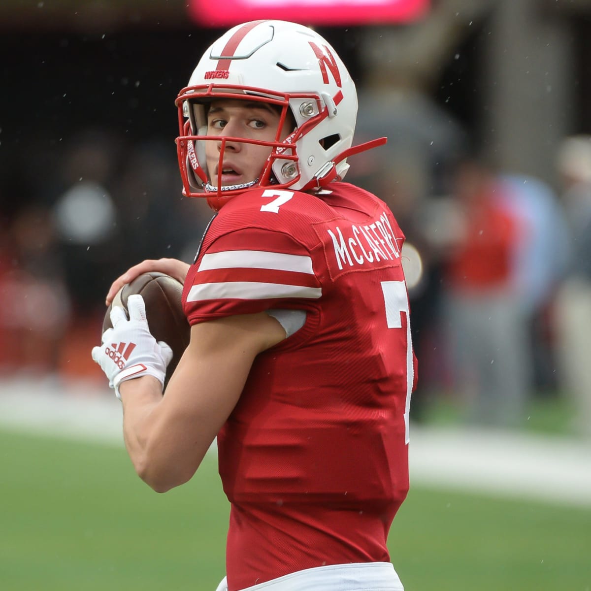 Noah Vedral of the Nebraska Cornhuskers warms up before the game