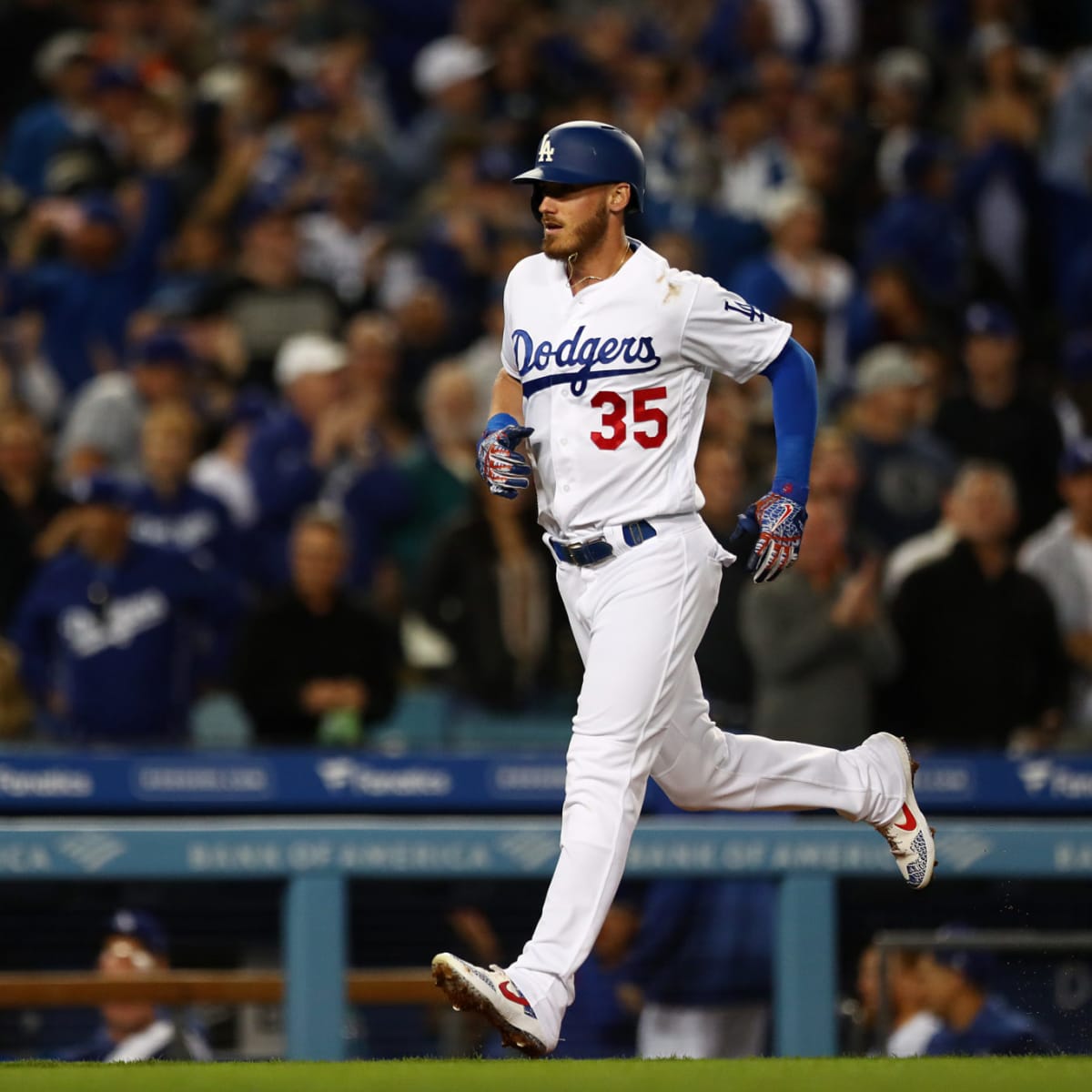 Cody Bellinger of the Los Angeles Dodgers stands on the field during