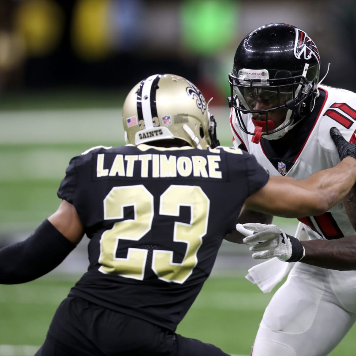 Marshon Lattimore of the New Orleans Saints defends during a game