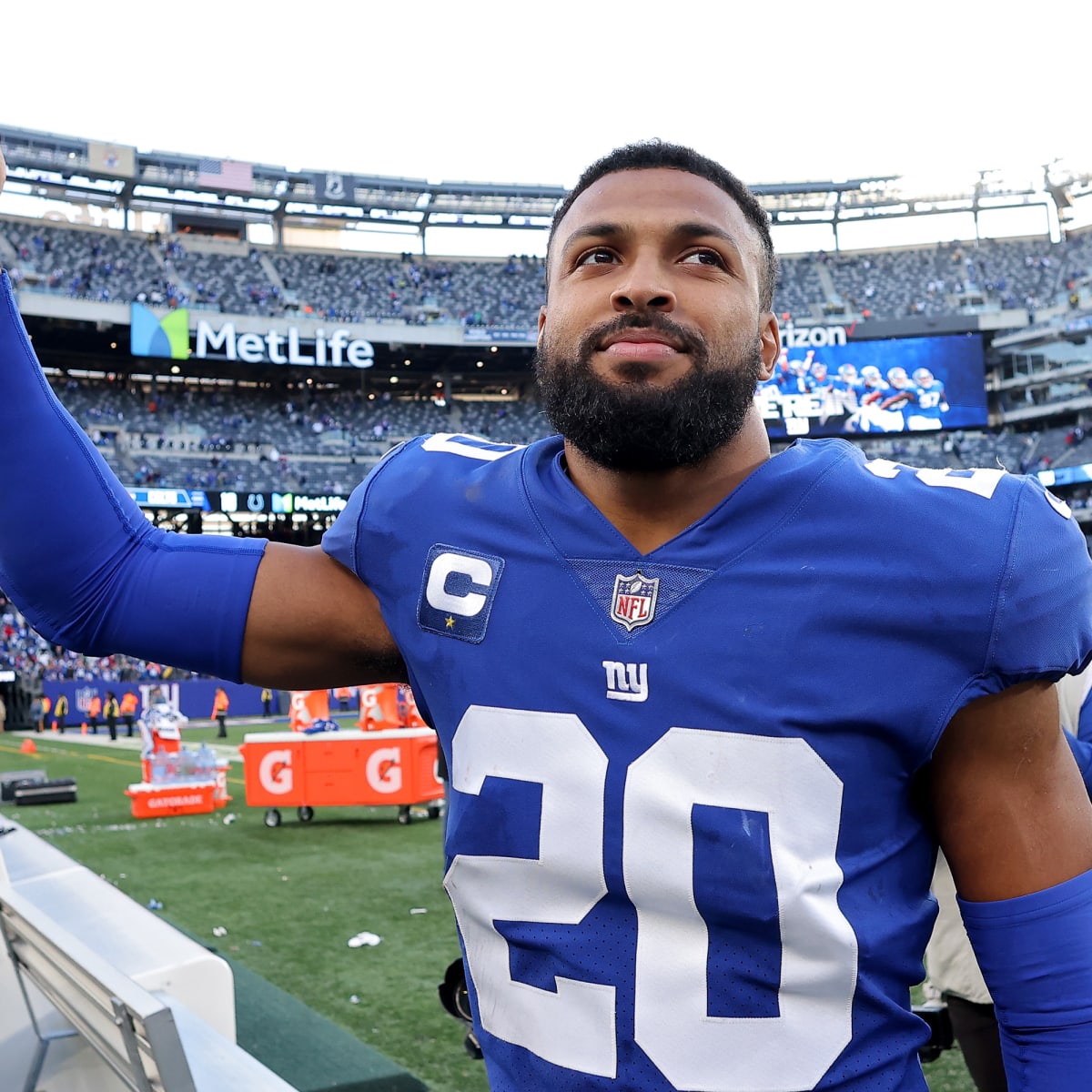 New York Giants safety Julian Love (20) walks off the field after