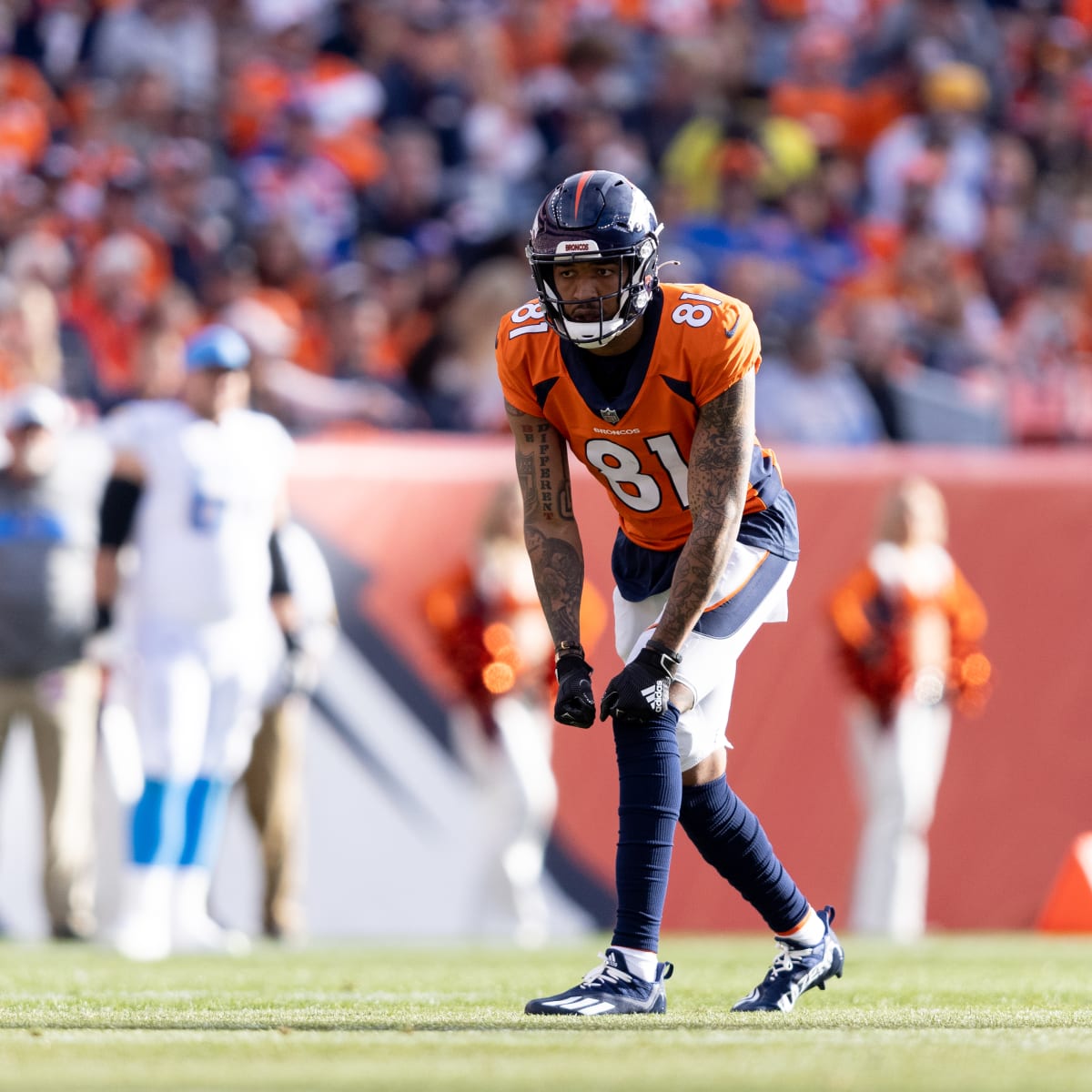 Denver Broncos wide receiver Tim Patrick (81) reacts against the