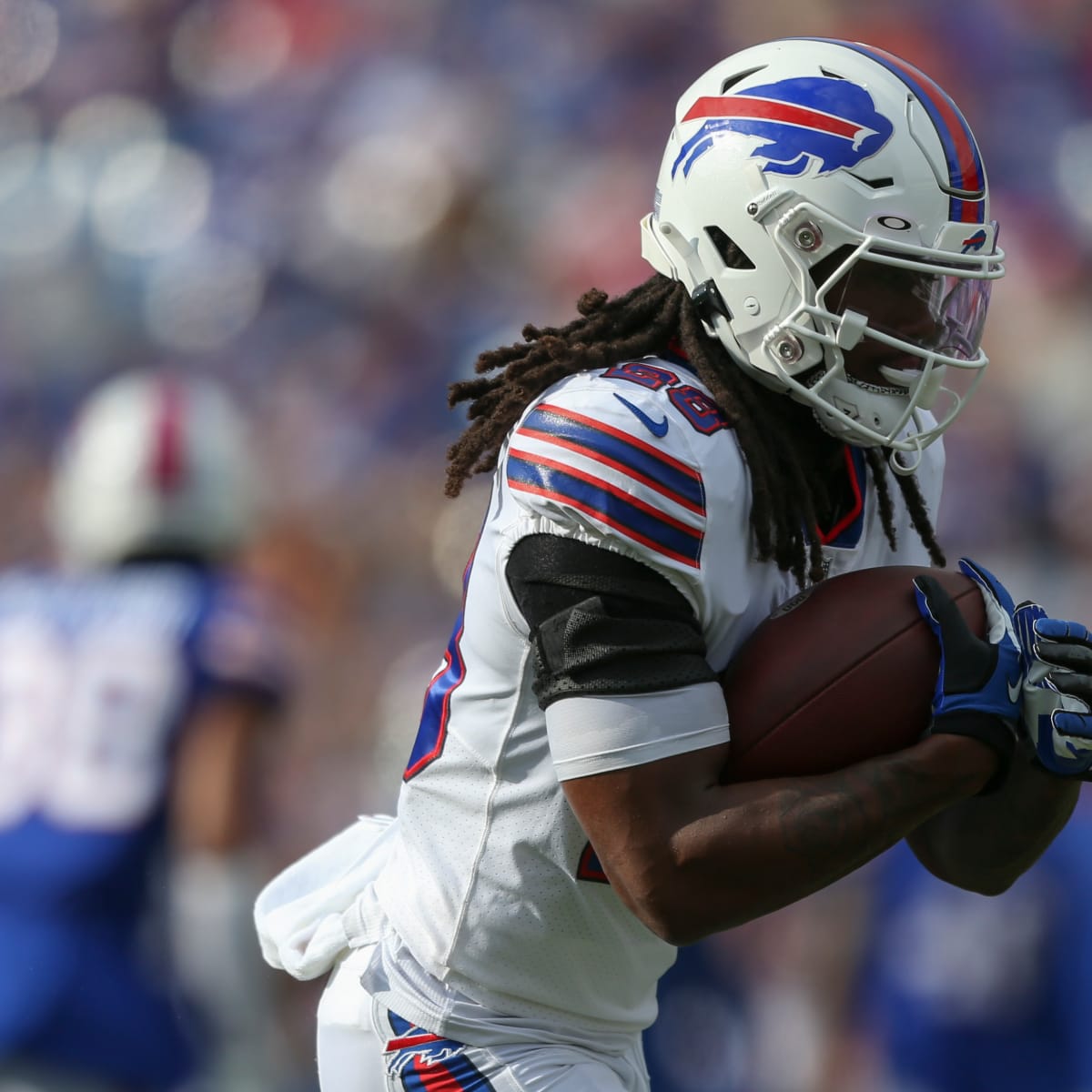 Buffalo Bills running back James Cook (4) celebrates after scoring against  the Indianapolis Colts during the first half of an NFL preseason football  game in Orchard Park, N.Y., Saturday, Aug. 12, 2023. (