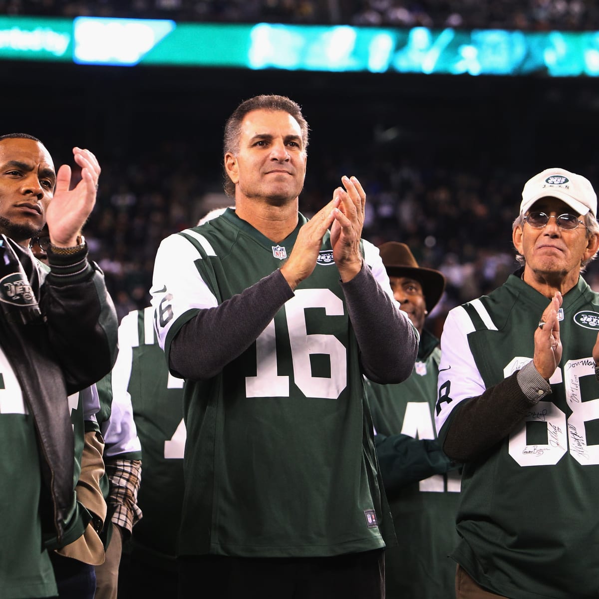 Quarterback Vinny Testaverde of the New York Jets is tackled by