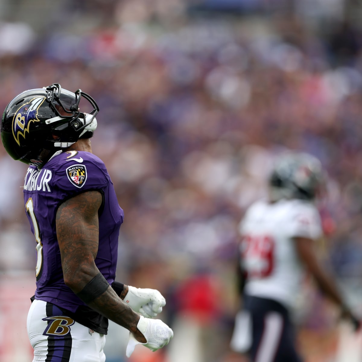 Odell Beckham Jr. #3 of the Baltimore Ravens looks on prior to an