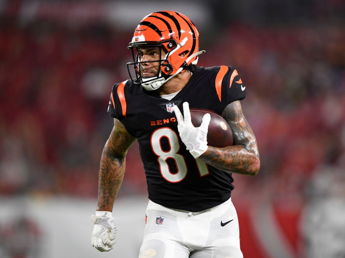 Cincinnati Bengals tight end Thaddeus Moss (81) reacts after his touchdown  is waived off as incomplete during a preseason NFL football game against  the Los Angeles Rams Saturday, Aug. 27, 2022, in