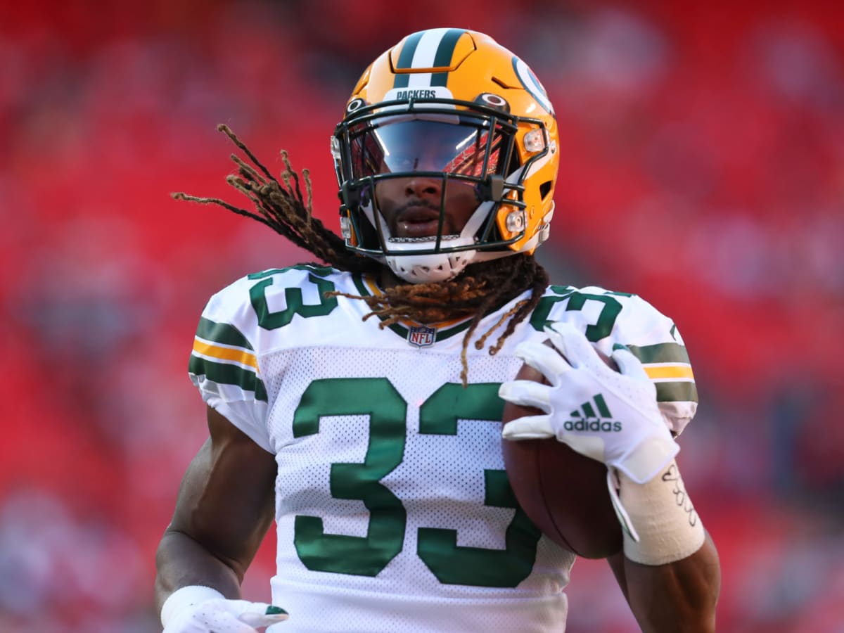 Green Bay Packers running back Aaron Jones reacts to win over