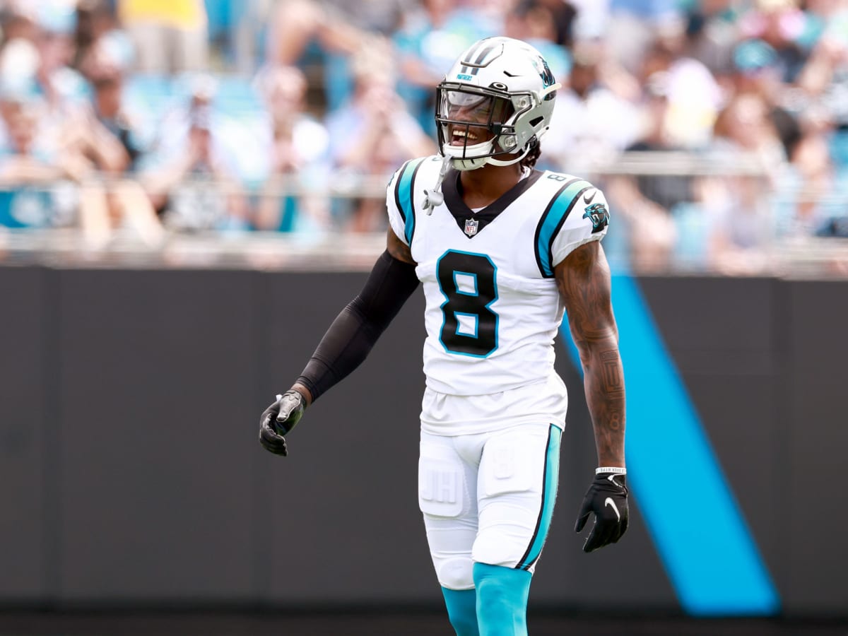 Carolina Panthers defensive back Jaycee Horn (8) runs toward the play  during an NFL football game against the Houston Texans, Thursday, Sept. 23,  2021, in Houston. (AP Photo/Matt Patterson Stock Photo - Alamy