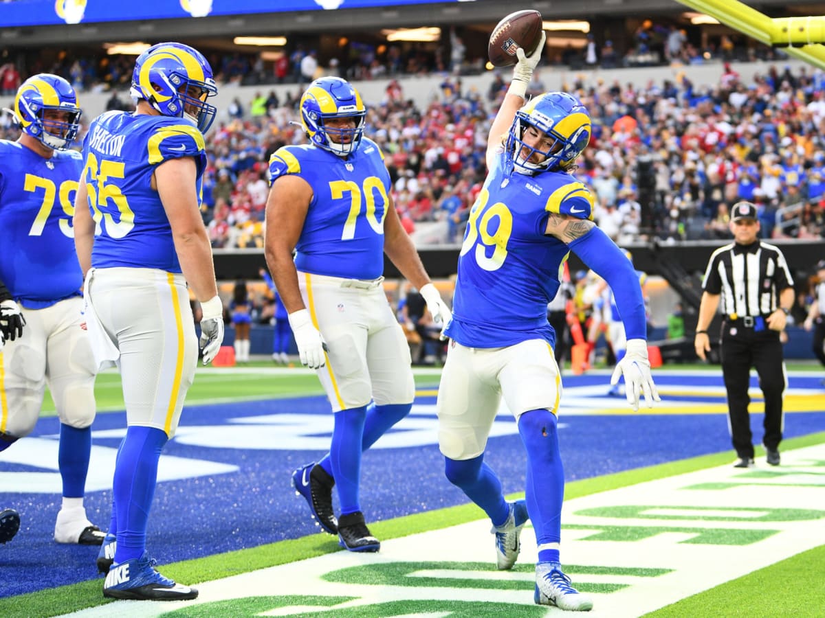 Tyler Higbee of the Los Angeles Rams celebrates a touchdown during