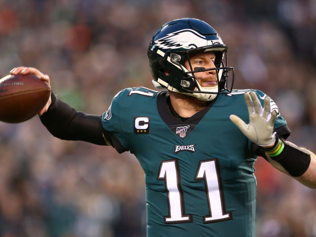 Oct 8, 2017; Philadelphia, PA, USA; Philadelphia Eagles quarterback Carson  Wentz (11) looks to pass in the second quarter against the Arizona  Cardinals at Lincoln Financial Field. Mandatory Credit …