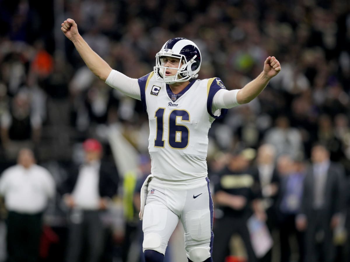 Los Angeles Rams quarterback Jared Goff wears an NFC Champions hat