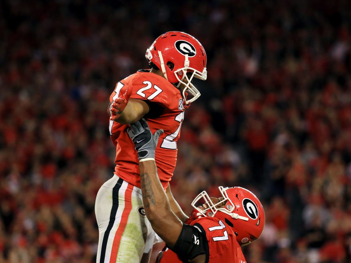 Georgia Bulldogs running back Nick Chubb (27) celebrates his