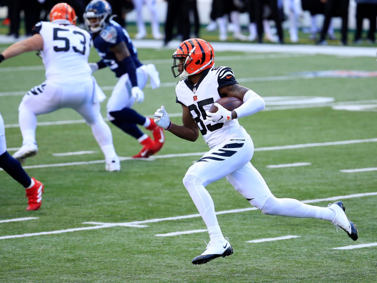 October 25, 2020: Tee Higgins #85 of the Cincinnati Bengals reacts after  scoring a touchdown during NFL football game action between the Cleveland  Browns and the Cincinnati Bengals at Paul Brown Stadium