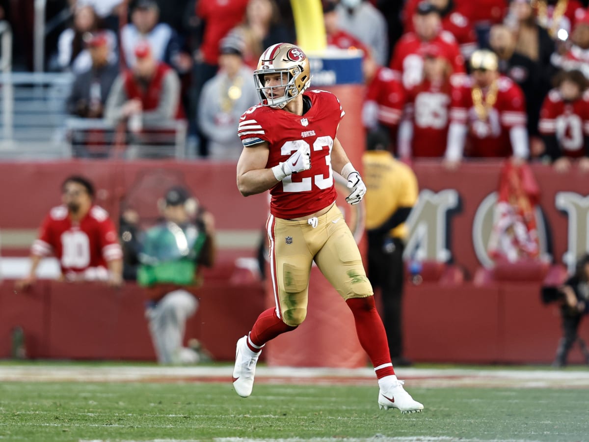 Christian McCaffrey of the San Francisco 49ers reacts after a run News  Photo - Getty Images