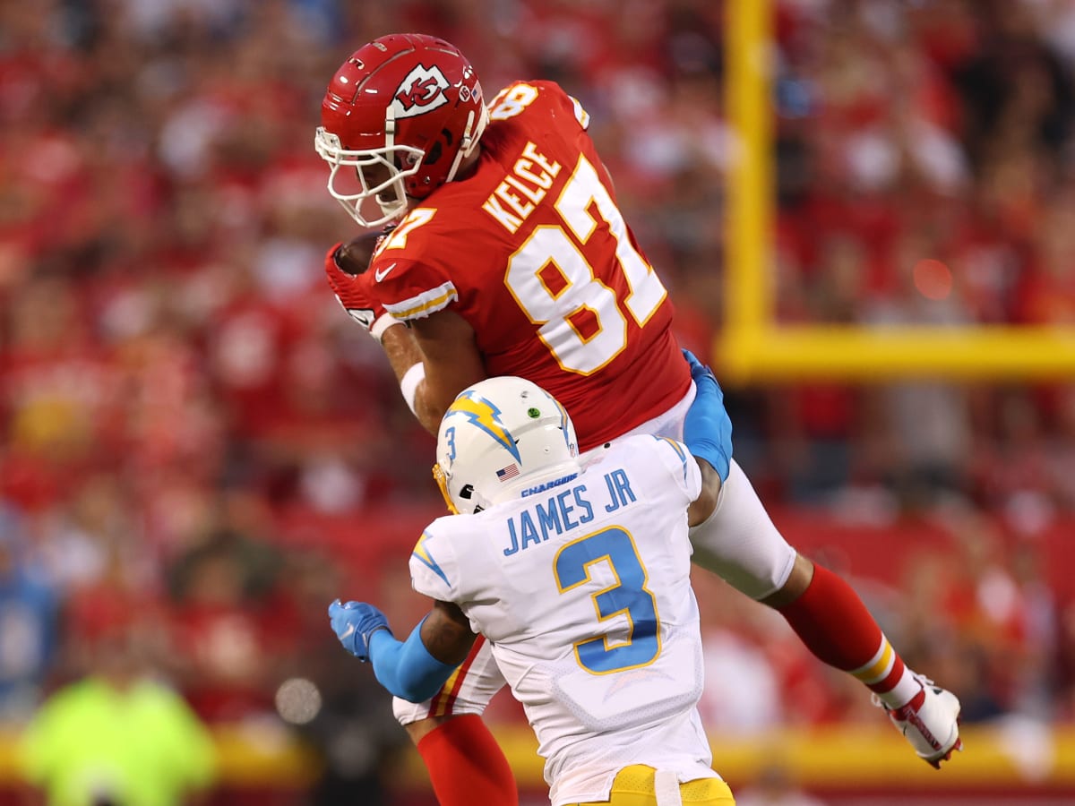 Derwin James Jr. #3 of the Los Angeles Chargers forces a fumble