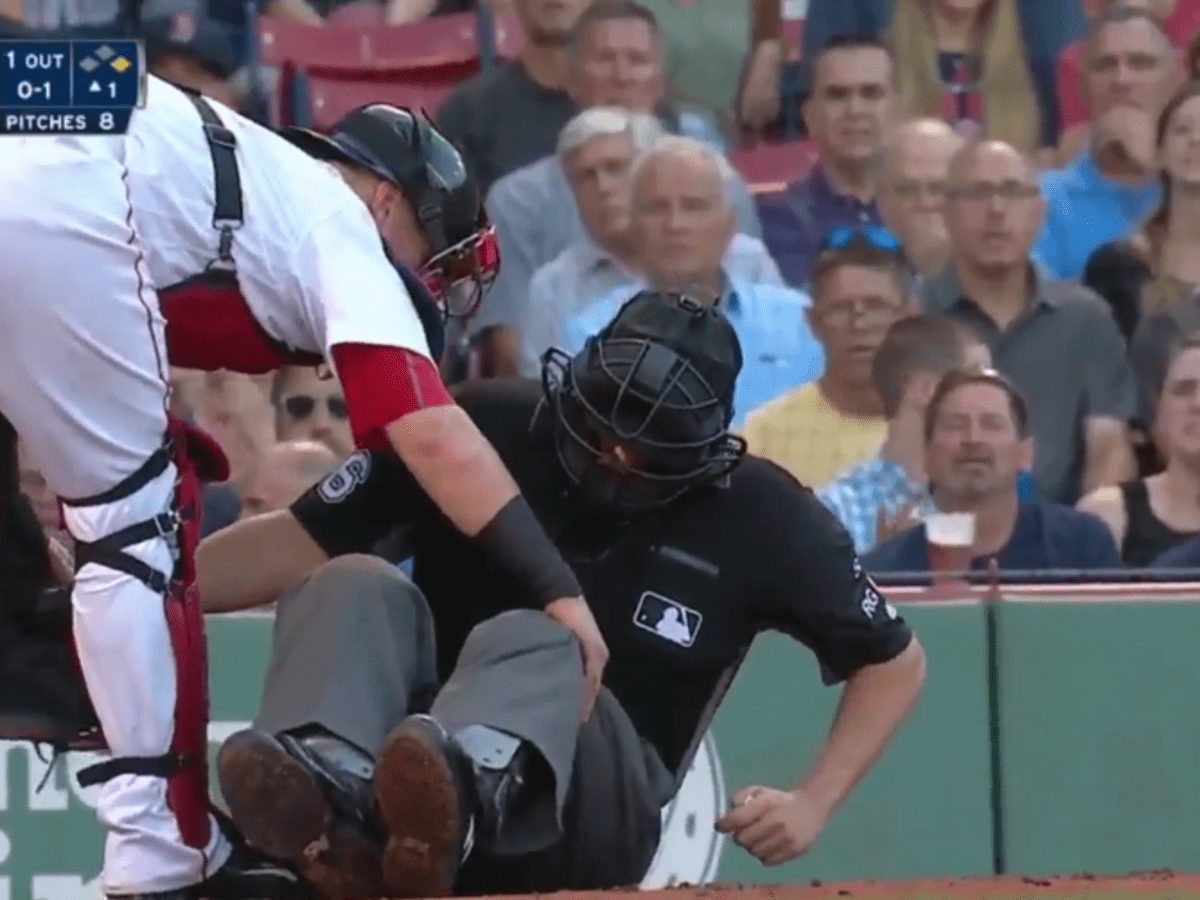 Home plate umpire Chris Segal hit by Josh Donaldson's bat