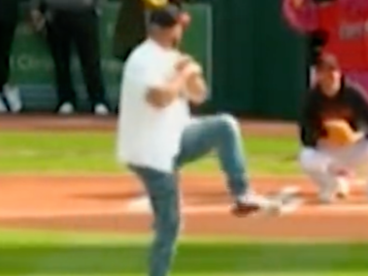 Travis Kelce: Super Bowl winner throws a comical first pitch at Guardians  game