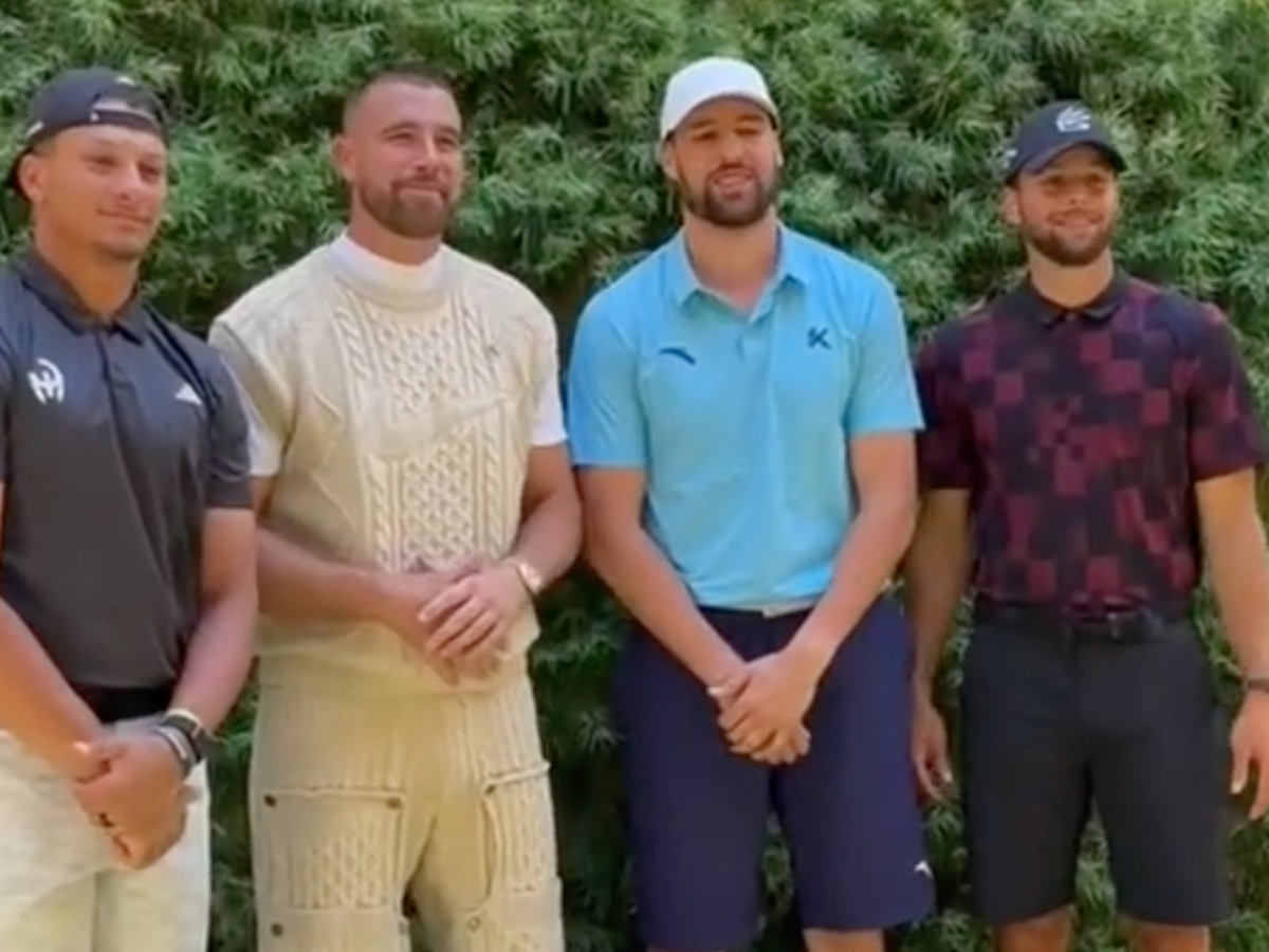 Patrick Mahomes and Travis Kelce Wear Matching Pastel Suits for