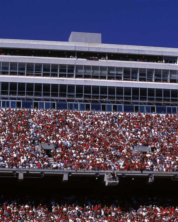 A view of the fans in Oklahoma's football stadium during a game.