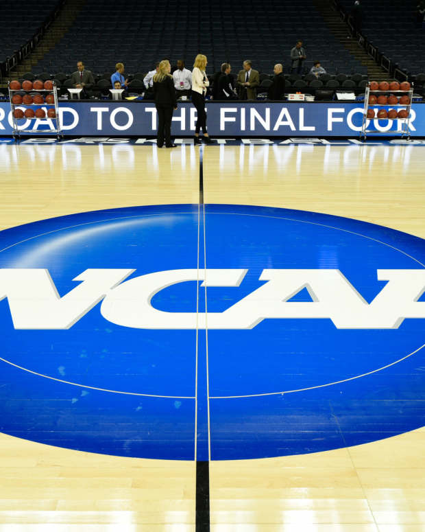 A general view of the NCAA logo at center court.