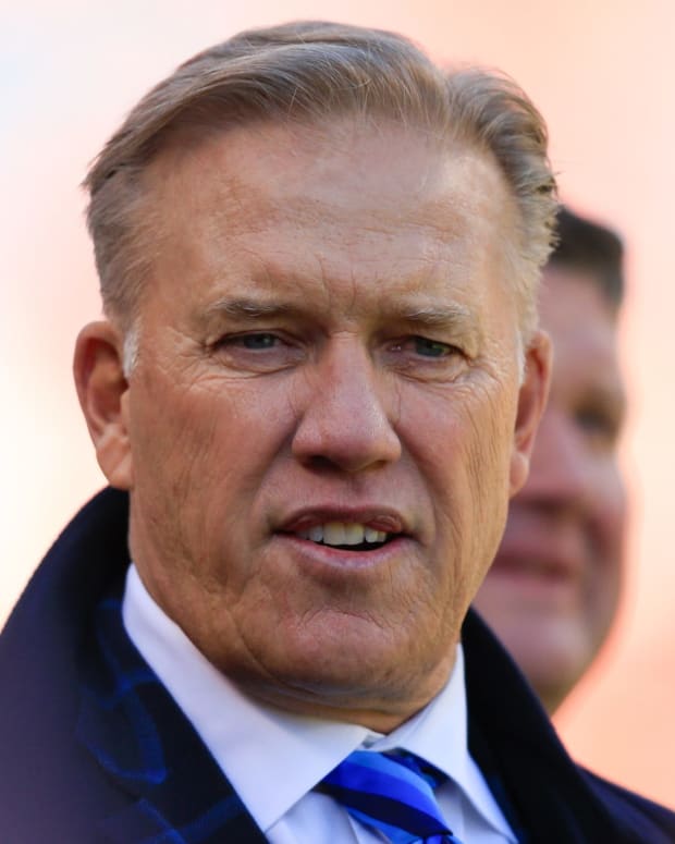A closeup of John Elway.