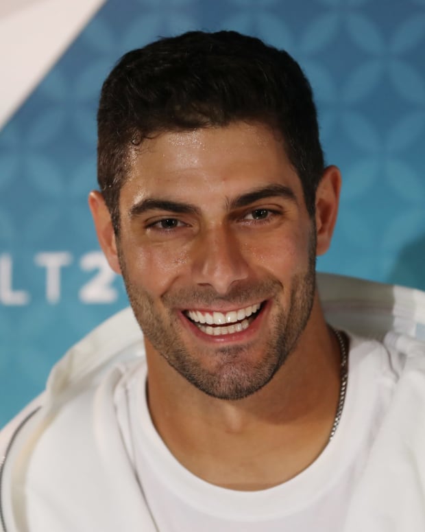 Jimmy Garoppolo meets with the media at the Super Bowl.