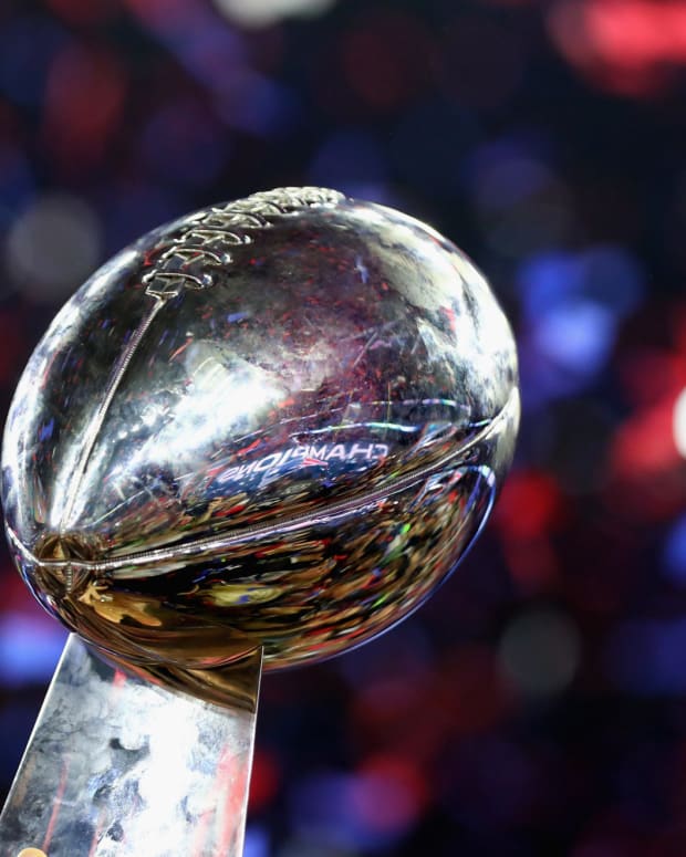 A closeup photo of the Super Bowl trophy.