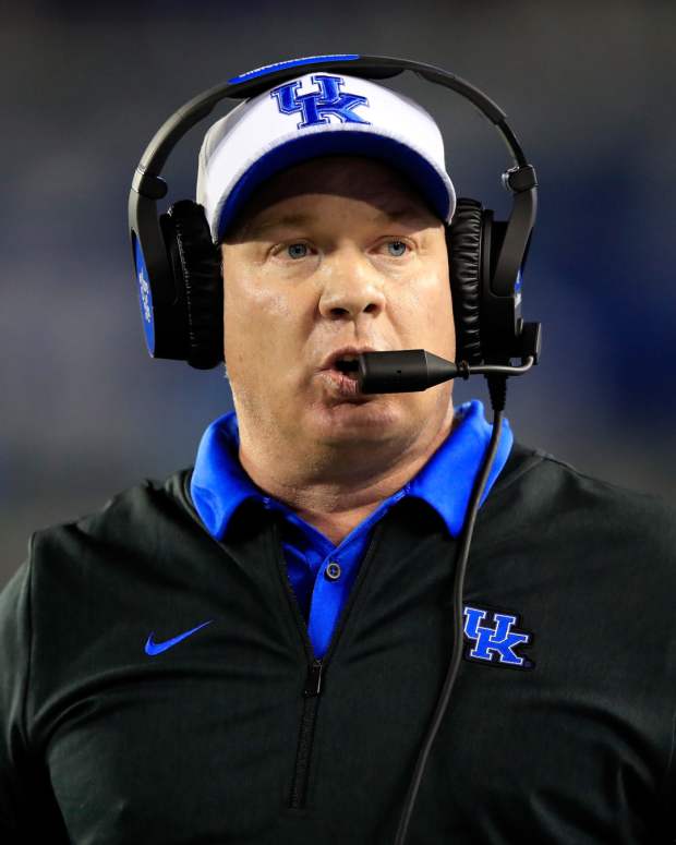 A closeup of Kentucky football coach Mark Stoops.