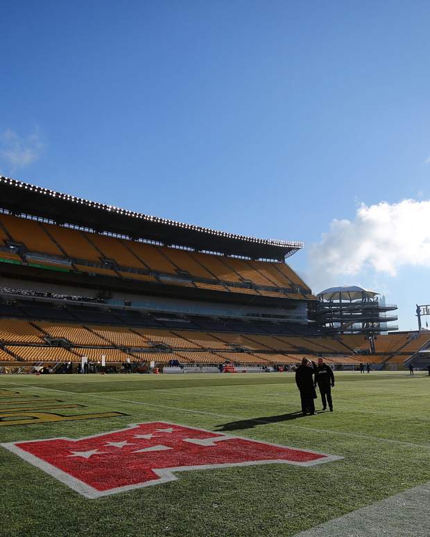 A field level view of the Pittsburgh Steelers stadium.