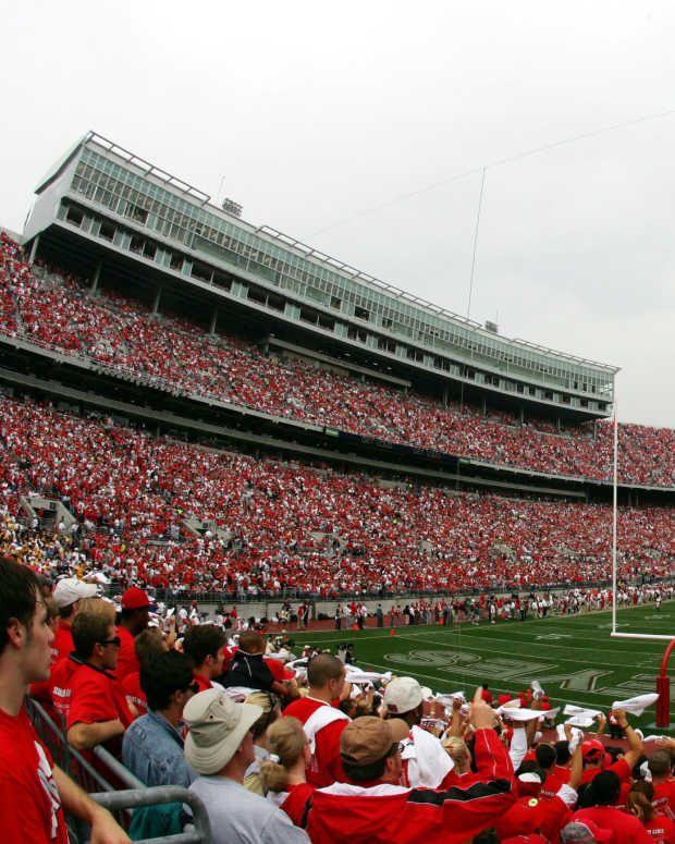 The opening kickoff takes place between Iowa and Ohio State during the first quarter on September 24, 2005 at Ohio Stadium in Columbus, Ohio.
