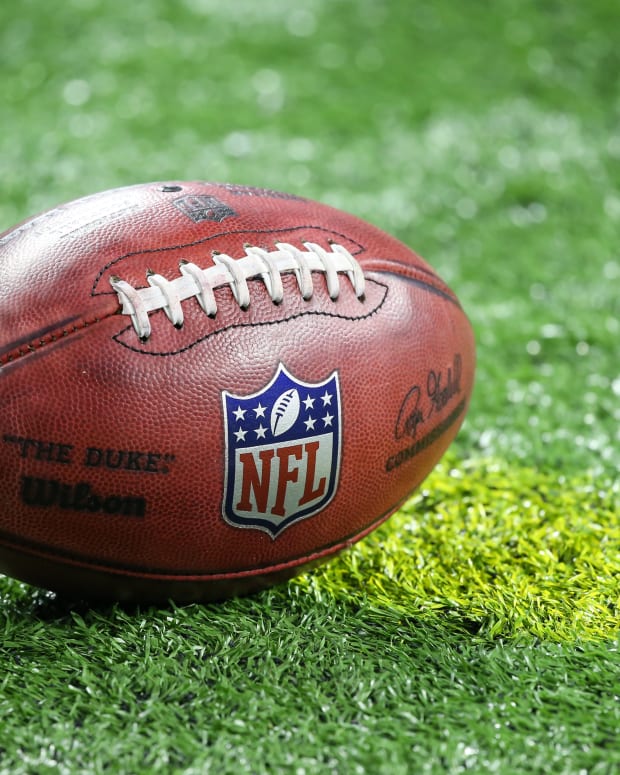 DETROIT, MI - DECEMBER 19:  A general view of the NFL logo on the official ootball is seen during a regular season NFL football game between the Arizona Cardinals and the Detroit Lions on December 19, 2021 at Ford Field in Detroit, Michigan. (Photo by Scott W. Grau/Icon Sportswire via Getty Images)