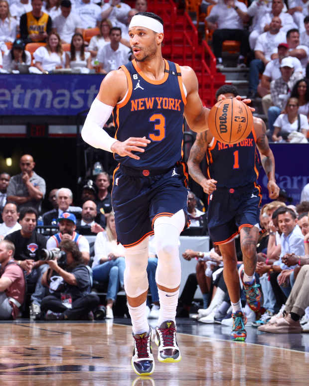 MIAMI, FL - MAY 12: Josh Hart #3 of the New York Knicks dribbles the ball during the game against the Miami Heat during Game 6 of the 2023 NBA Playoffs Eastern Conference semi-finals on May 12, 2023 at Kaseya Center in Miami, Florida. NOTE TO USER: User expressly acknowledges and agrees that, by downloading and or using this Photograph, user is consenting to the terms and conditions of the Getty Images License Agreement. Mandatory Copyright Notice: Copyright 2023 NBAE (Photo by Nathaniel S. Butler/NBAE via Getty Images)