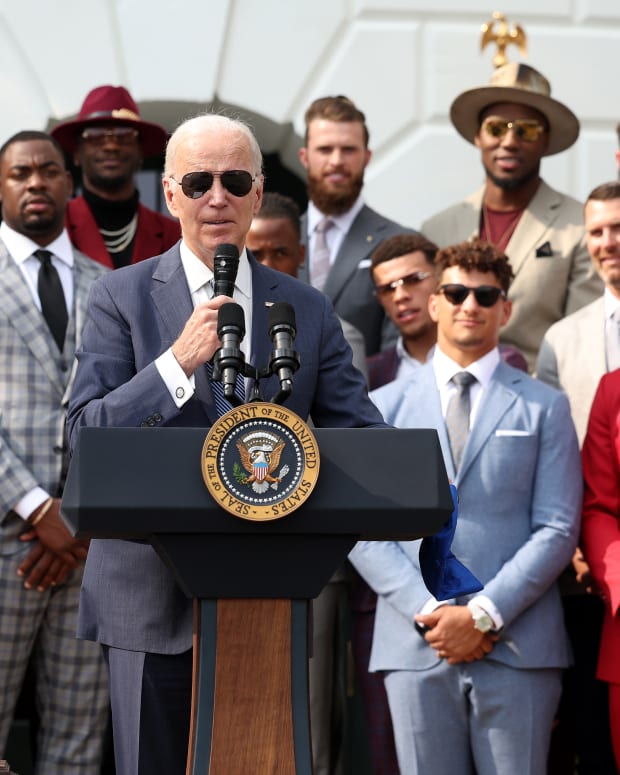 WASHINGTON, DC - JUNE 05: U.S. President Joe Biden welcomes the NFL Kansas City Chiefs to the White House on June 05, 2023 in Washington, DC. The Chiefs are the 2023 Super Bowl champions.  (Photo by Kevin Dietsch/Getty Images)
