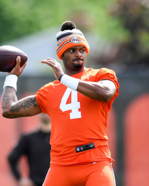 BEREA, OH - MAY 25: Deshaun Watson #4 of the Cleveland Browns throws a pass during the Cleveland Browns OTAs at CrossCountry Mortgage Campus on May 25, 2022 in Berea, Ohio. (Photo by Nick Cammett/Diamond Images via Getty Images)