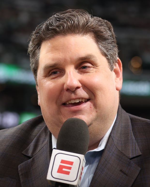 BOSTON, MA - JUNE 10: ESPN Sideline Reporter Brian Windhorst looks on before the game between the Golden State Warriors and the Boston Celtics during Game Four of the 2022 NBA Finals on June 10, 2022 at TD Garden in Boston, Massachusetts. NOTE TO USER: User expressly acknowledges and agrees that, by downloading and or using this photograph, user is consenting to the terms and conditions of Getty Images License Agreement. Mandatory Copyright Notice: Copyright 2022 NBAE (Photo by Nathaniel S. Butler/NBAE via Getty Images)