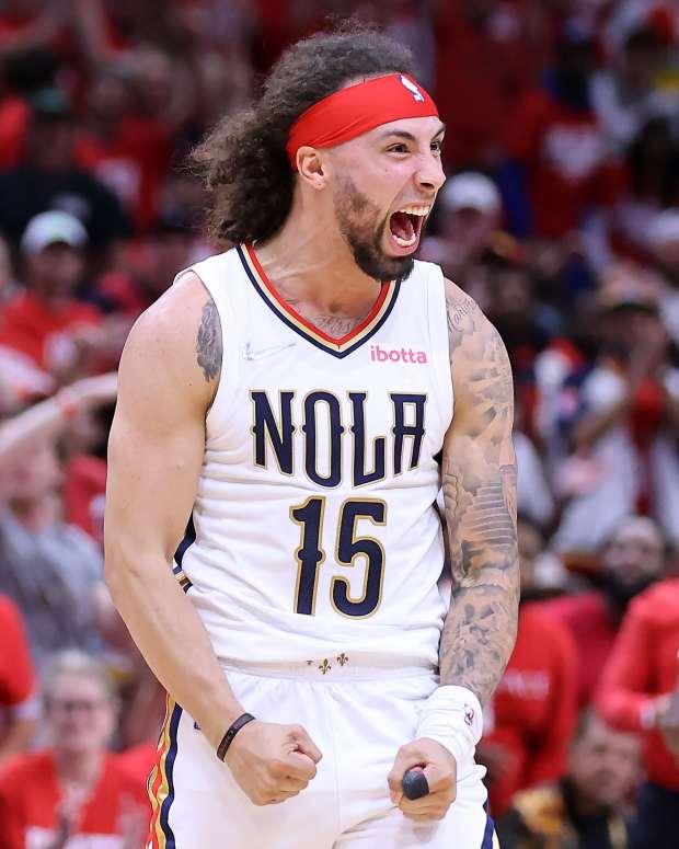 NEW ORLEANS, LOUISIANA - APRIL 24: Jose Alvarado #15 of the New Orleans Pelicans reacts against the Phoenix Suns during Game Four of the Western Conference First Round NBA Playoffs at the Smoothie King Center on April 24, 2022 in New Orleans, Louisiana. NOTE TO USER: User expressly acknowledges and agrees that, by downloading and or using this Photograph, user is consenting to the terms and conditions of the Getty Images License Agreement. (Photo by Jonathan Bachman/Getty Images)