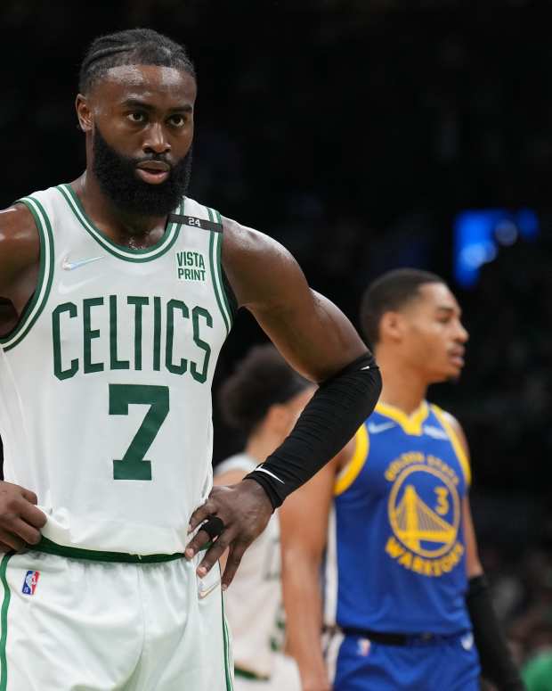 BOSTON, MA - JUNE 16: Jaylen Brown #7 of the Boston Celtics looks on during Game Six of the 2022 NBA Finals on June 16, 2022 at TD Garden in Boston, Massachusetts. NOTE TO USER: User expressly acknowledges and agrees that, by downloading and or using this photograph, user is consenting to the terms and conditions of Getty Images License Agreement. Mandatory Copyright Notice: Copyright 2022 NBAE (Photo by Jesse D. Garrabrant/NBAE via Getty Images)