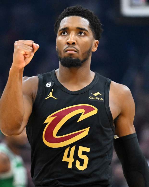 Donovan Mitchell of the Cleveland Cavaliers looks on.