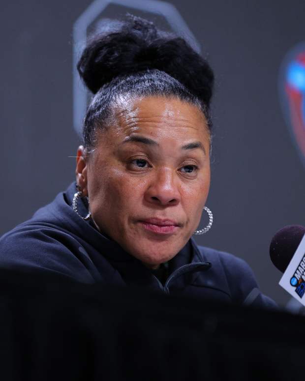 CLEVELAND, OHIO - APRIL 05: Head coach Dawn Staley of the South Carolina Gamecocks speaks with the media after beating the NC State Wolfpack 78-59 the NCAA Women's Basketball Tournament Final Four semifinal game at Rocket Mortgage Fieldhouse on April 05, 2024 in Cleveland, Ohio. (Photo by Mike Lawrie/Getty Images)