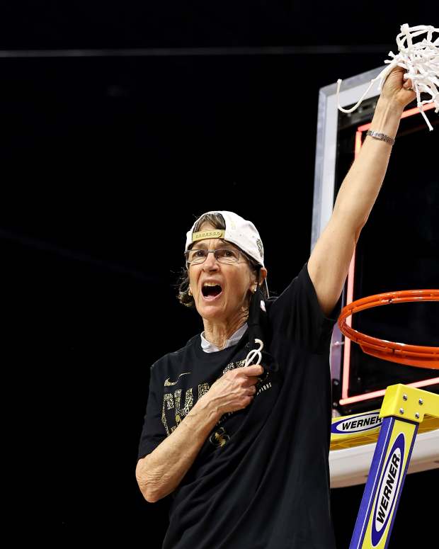 SAN ANTONIO, TEXAS - APRIL 04:  Head coach Tara VanDerveer of the Stanford Cardinal celebrates after cutting down the net during the National Championship game of the 2021 NCAA Women's Basketball Tournament at the Alamodome on April 04, 2021 in San Antonio, Texas.The Stanford Cardinal defeated the Arizona Wildcats 54-53 to win the national title. (Photo by Elsa/Getty Images)