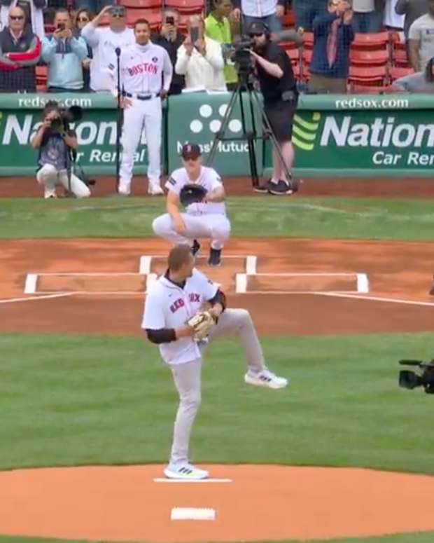 Rob Gronkowski throws out the first pitch for the Boston Red Sox.