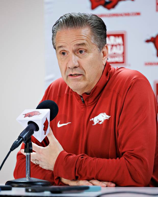 FAYETTEVILLE, ARKANSAS - APRIL 10: New Arkansas Razorbacks basketball head coach John Calipari holds his first news conference after his introduction at Bud Walton Arena on April 10, 2024 in Fayetteville, Arkansas. (Photo by Wesley Hitt/Getty Images)