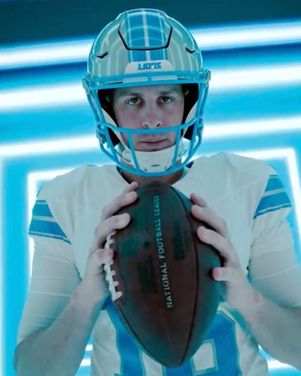 Jared Goff shows off the new Lions uniforms.