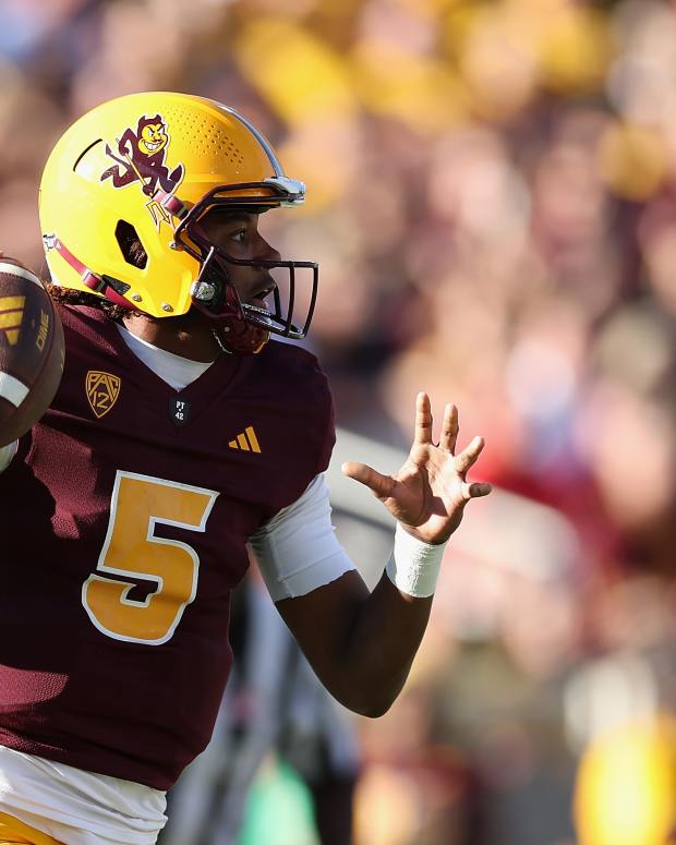 TEMPE, ARIZONA - NOVEMBER 25: Quarterback Jaden Rashada #5 of the Arizona State Sun Devils looks to pass during the first half of the NCAAF game at Mountain America Stadium on November 25, 2023 in Tempe, Arizona. (Photo by Christian Petersen/Getty Images)