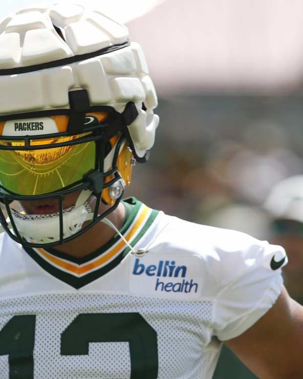 ASHWAUBENON, WI - JULY 27: Green Bay Packers wide receiver Allen Lazard (13) shows off the new concussion helmets during Green Bay Packers training camp at Ray Nitschke Field on July 27, 2022 in Ashwaubanon, WI. (Photo by Larry Radloff/Icon Sportswire via Getty Images)