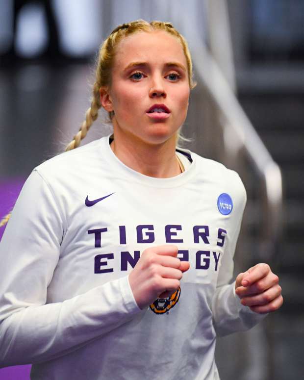 BATON ROUGE, LOUISIANA - MARCH 22: Hailey Van Lith of the LSU Tigers runs out during the first round of the 2024 NCAA Women's Basketball Tournament held at Pete Maravich Assembly Center on March 22, 2024 in Baton Rouge, Louisiana. (Photo by Andy Hancock/NCAA Photos/NCAA Photos via Getty Images)