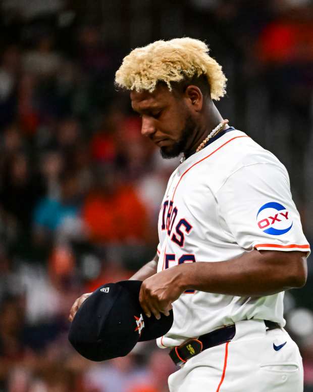 Pitcher Ronel Blanco of the Houston Astros is ejected for having a foreign substance on his glove.