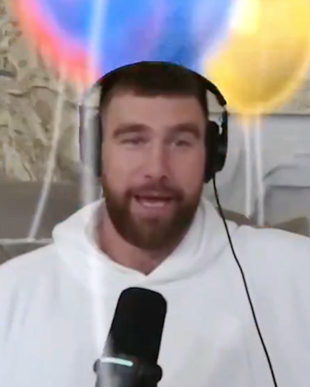 Travis Kelce triggers a balloon effect on the "New Heights" podcast.