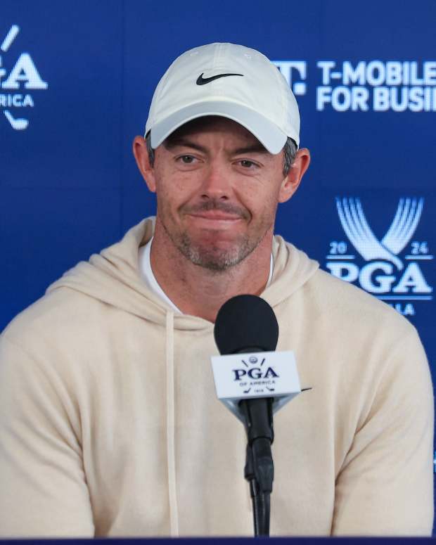 Rory McIlroy speaks to the media.