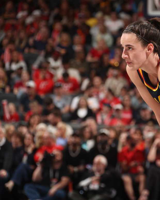 INDIANAPOLIS, IN - MAY 16: Caitlin Clark #22 of the Indiana Fever looks on during the game against the New York Liberty on May 16, 2024 at Gainbridge Fieldhouse in Indianapolis, Indiana. NOTE TO USER: User expressly acknowledges and agrees that, by downloading and or using this Photograph, user is consenting to the terms and conditions of the Getty Images License Agreement. Mandatory Copyright Notice: Copyright 2024 NBAE (Photo by Nathaniel S. Butler/NBAE via Getty Images)